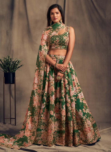 Wedding Special Organza Floral Print Green Lehenga For Mehendi Rasam